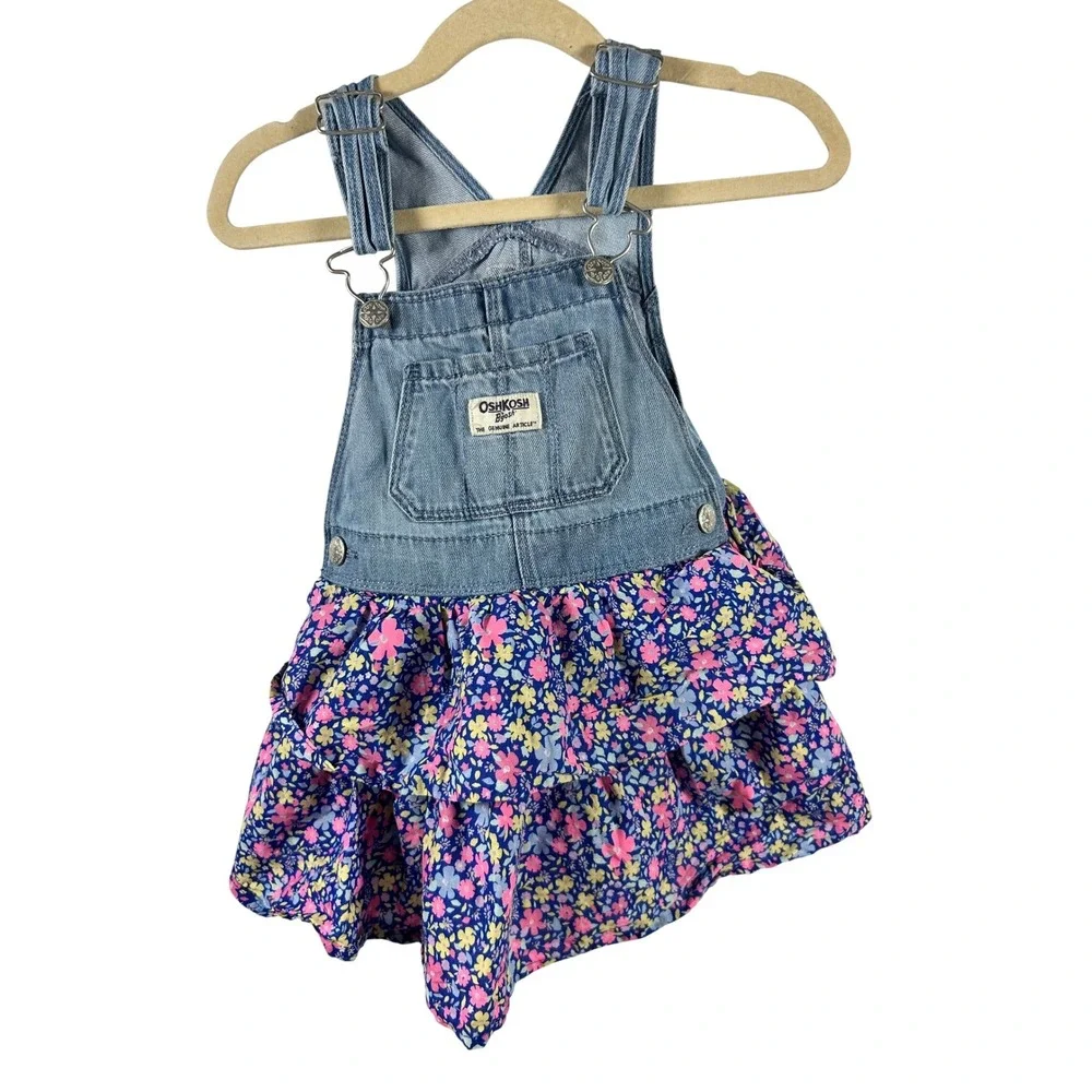OshKosh B'gosh Overall Dress 2T‎ Blue Denim Floral Tiered Ruffle Girls